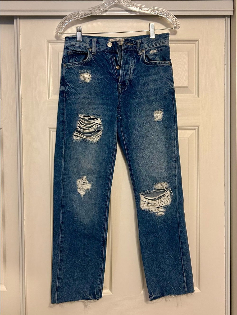 Free People Dark Blue Distressed Straight-Leg Jeans